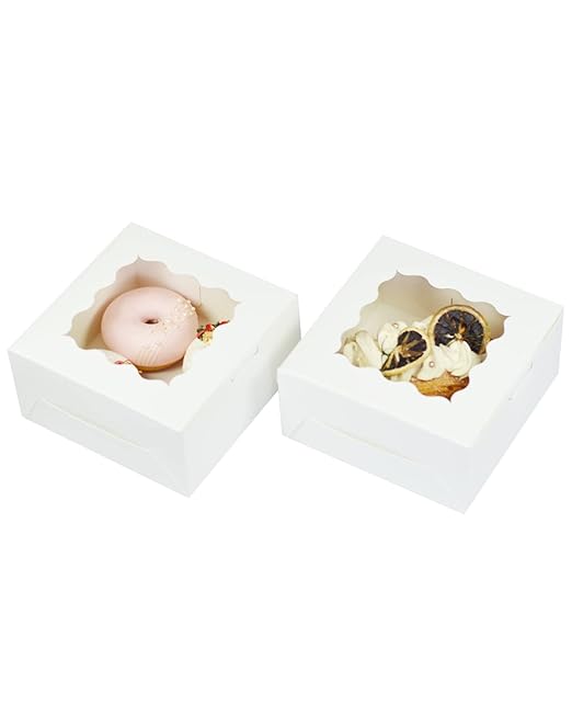 Bakepacker 100pcs White Cookie Boxes 6x6x3 inches Easy Assemble Macaroon Pastry Boxes Bakery Boxes with Window for Bakery