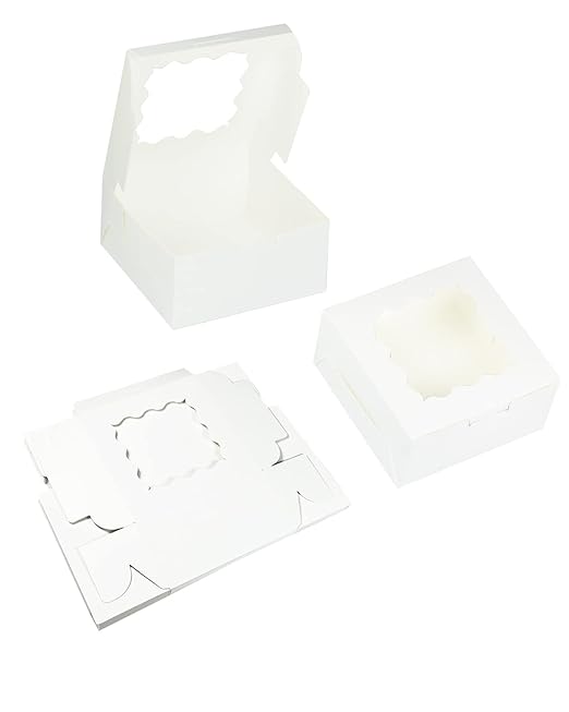 Bakepacker 100pcs White Cookie Boxes 6x6x3 inches Easy Assemble Macaroon Pastry Boxes Bakery Boxes with Window for Bakery