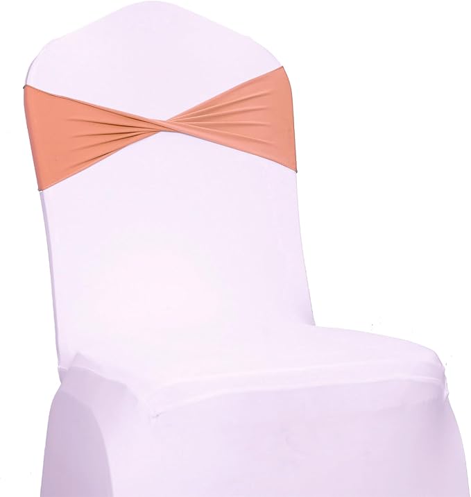 MDS Pack of 100 Spandex Chair Sashes Bows Elastic Stretch Dining Chair Bands Ties Without Slider Buckle Universal fits for Wedding Baby Shower Birthday Party Banquet Event Decoration - Coral Peach