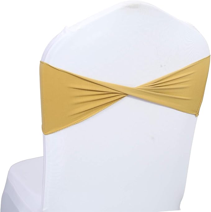 VDS Pack of 250 PCS | Gold | Spandex Chair Sashes Bows Without Buckle | Stretch Elastic Banquet Universal Folding Chair Band Tie with for Wedding Party Conference Celebration Event Decoration