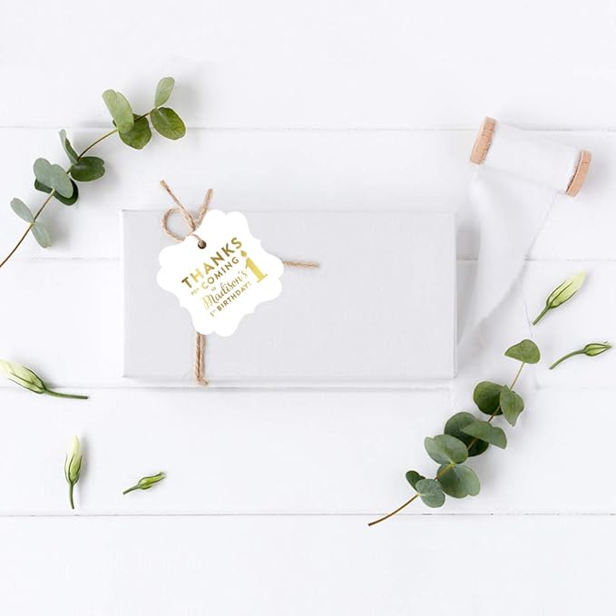 Andaz Press Personalized Fancy Frame Square Birthday Gift Tags, Metallic Gold Ink, Thanks for Coming to My 1st Birthday, 24-Pack, Custom Made Name