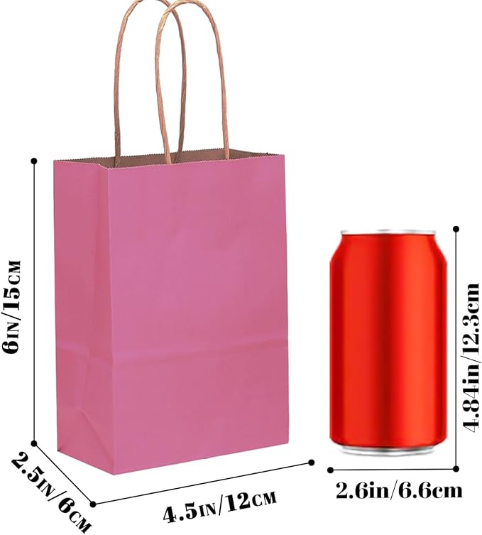 qiqee 100Pcs Mini Size Paper Gift Bags with Handles - 4.5"×2.5"×6" Kraft Small Party Bags - 16 Solid Colors