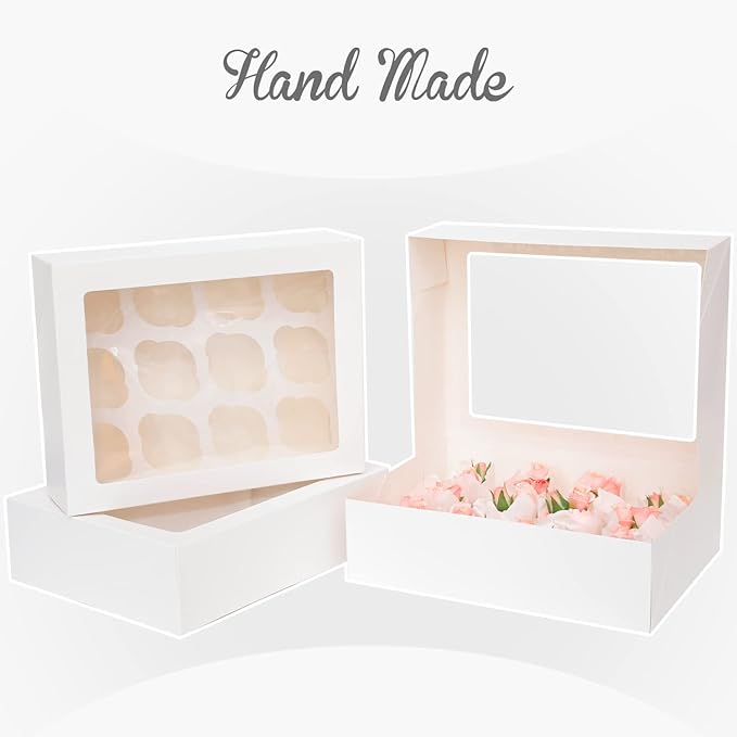 Bakepacker Auto-pop up 12 Cupcake Containers 6-Packs White Cupcakes Carrier, 12 Cupcake Boxes with Window 13"x10"x3.5"