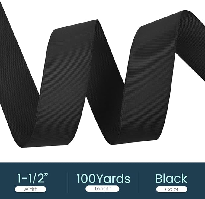 1-1/2" X 100 Yards Black Grosgrain Ribbon, Premium Grosgrain Ribbon for Sewing, Gift Wrapping, Bow Making, Wedding Decor, Wrapping and More (Black)