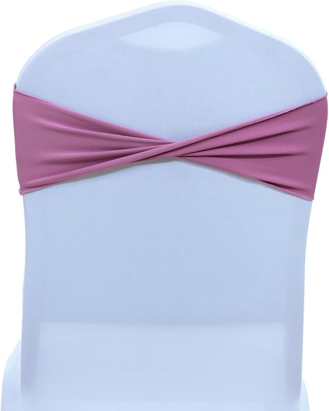 MDS Pack of 50 Spandex Chair Sashes Bows Elastic Stretch Dining Chair Bands Ties Without Slider Buckle Universal fits for Wedding Baby Shower Birthday Party Banquet Event Decoration - Dusty Pink