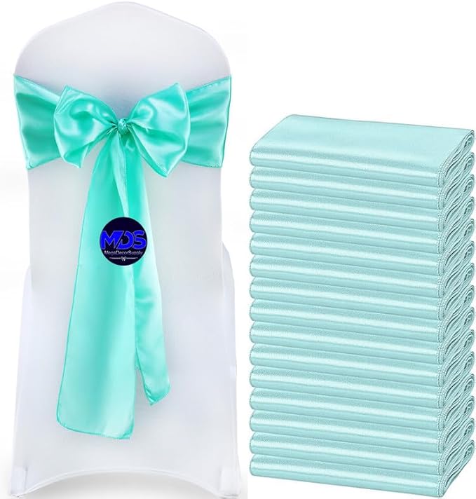 MDS Pack of 125 PCS Satin Chair Sashes Charmeuse Sateen Dining Chair Bows Ribbon Ties Back Sash for Wedding Party Birthday Home Hotel Restaurant Banquet Decoration (7 x 108 Inch, Sea Green)