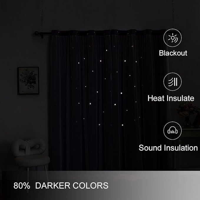 Ombre Rainbow Blackout Curtains for Kid Girls Bedroom Living Room Darking Stripe Double Layer Star Cut Out Wall Home Decor Gradient Grommet Window Curtains (Purple 63L)