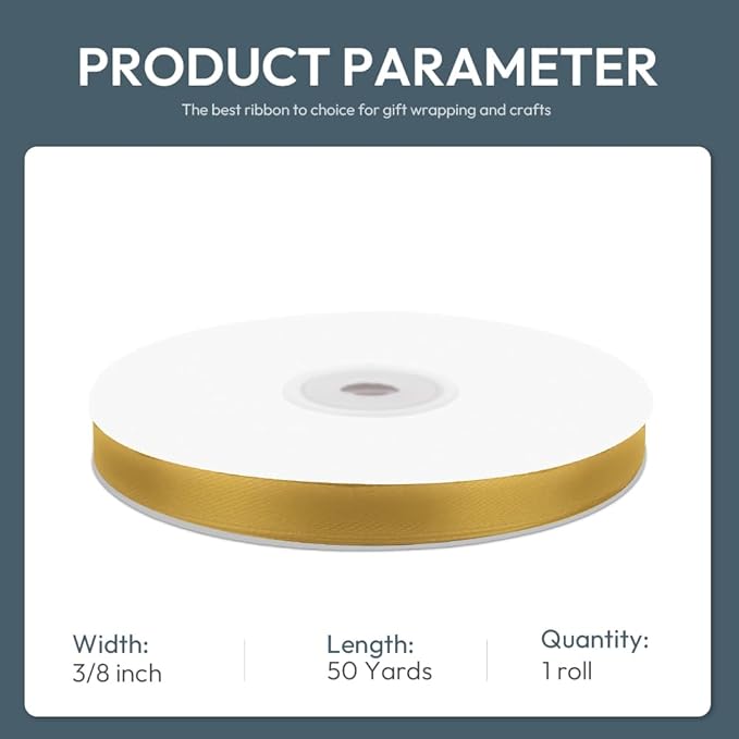 KMER LIFE 3/8" Wide x 50 Yards Golden Single Faced Polyester Satin Ribbon, Golden Satin Ribbon Perfect for Wedding Decor, Wreath, Crafts, Gift Wrapping & Other Projects (Golden)