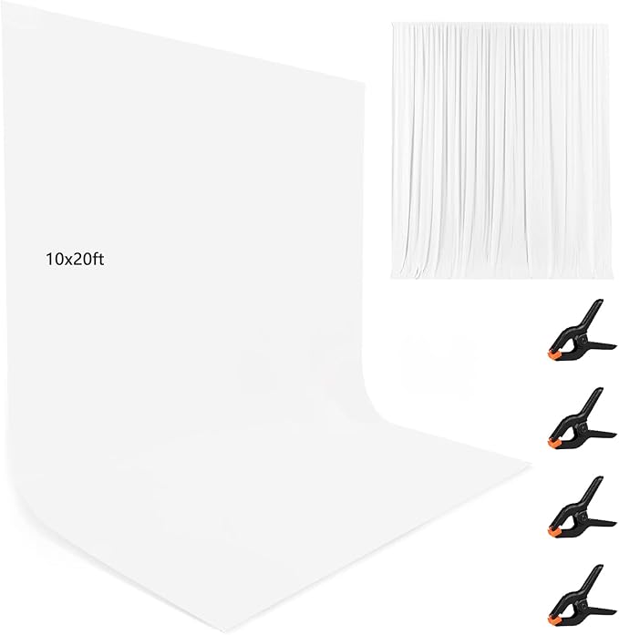10X20ft White Photo Backdrops for Photography, LCUIRC TWO ROD POCKET White Backdrops Curtain for Parties, Polyester White background with 4 Clamps for Product Protrait Photoshoot or Parties Decoration