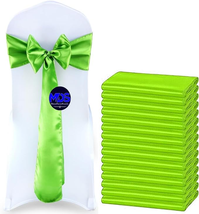 MDS Pack of 100 PCS Satin Chair Sashes Charmeuse Sateen Dining Chair Bows Ribbon Ties Back Sash for Wedding Party Birthday Home Hotel Restaurant Banquet Decoration (7 x 108 Inch, Parrot Green)