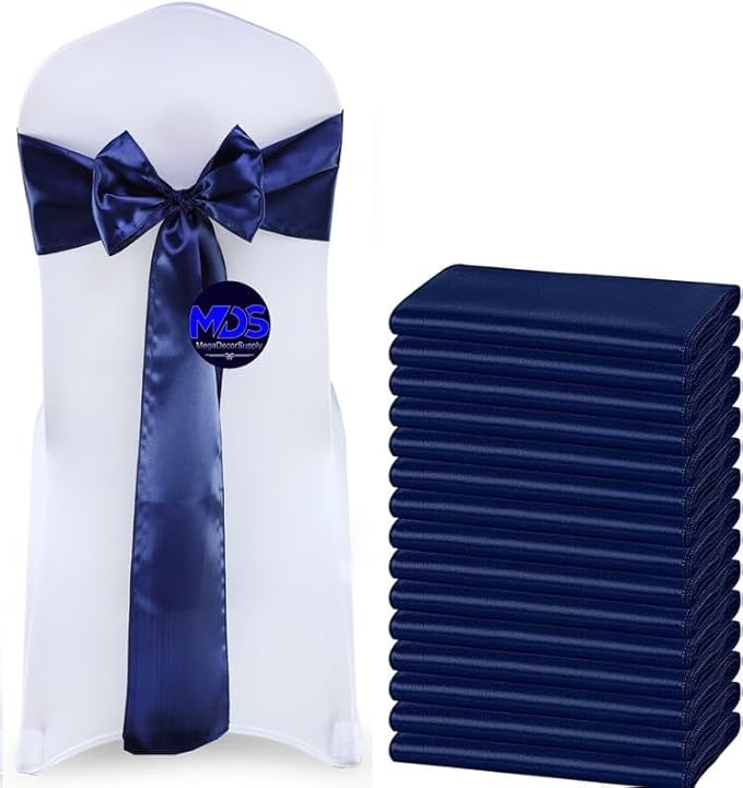 MDS Pack of 25 PCS Satin Chair Sashes Charmeuse Sateen Dining Chair Bows Ribbon Ties Back Sash for Wedding Party Birthday Home Hotel Restaurant Banquet Decoration (7 x 108 Inch, Navy Blue)