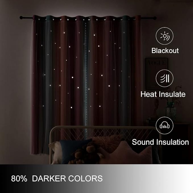 FANLI Ombre Rainbow Blackout Curtains for Kid Girls Bedroom Living Room Darking Stripe Double Layer Star Cut Out Wall Home Decor Gradient Grommet Window Curtains (Pink Purple, 52W x 84L)