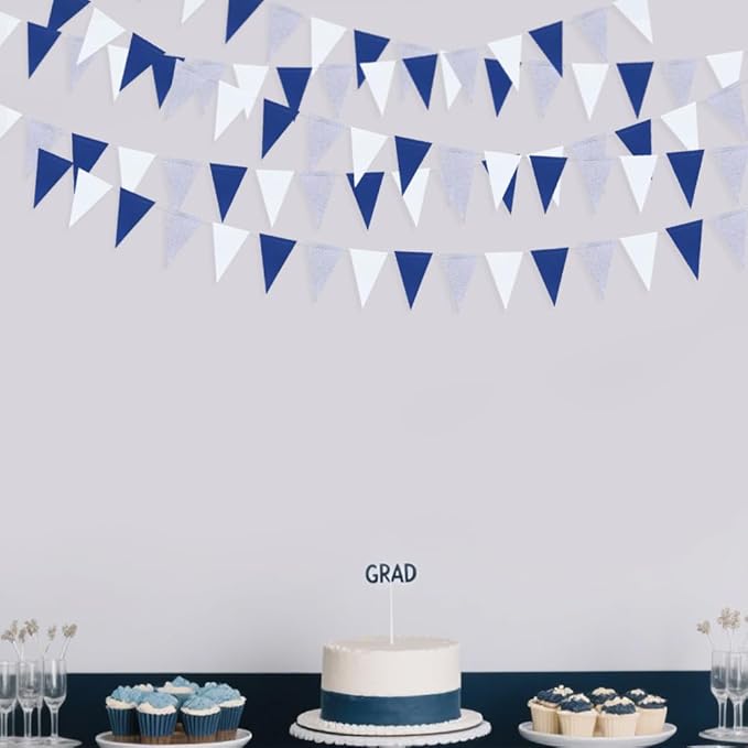 30 Ft Navy Blue White and Silver Party Decorations Royal Blue Triangle Flag Pennant Banner Bunting for Graduation Birthday Wedding Bridal Shower Nautical Ahoy Achor Theme Party Decorations Supplies
