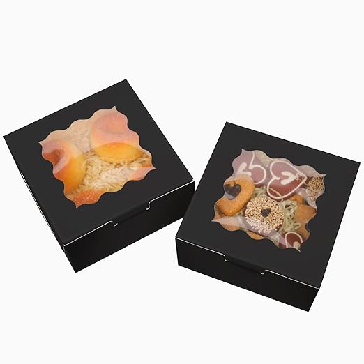 Bakepacker Black Bakery Boxes with Window 6x6x3 inches Thick & Sturdy Macaroon Pastry Boxes Cookie Boxes for Bakerys（60-Packs）