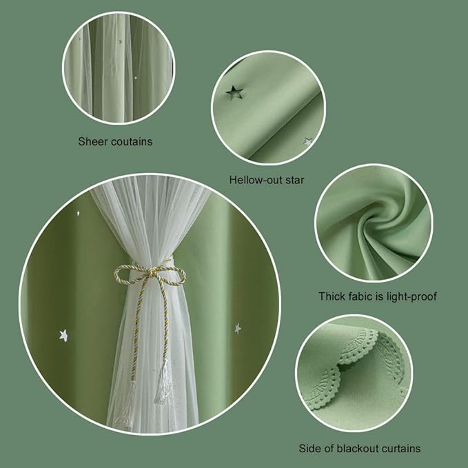 FANLI 2 Panels Star Blackout Curtains for Kid Girls Bedroom Living Room Darking Stripe Double Layer Star Cut Out Wall Home Decor Gradient Grommet Window Curtains (Green 63L)