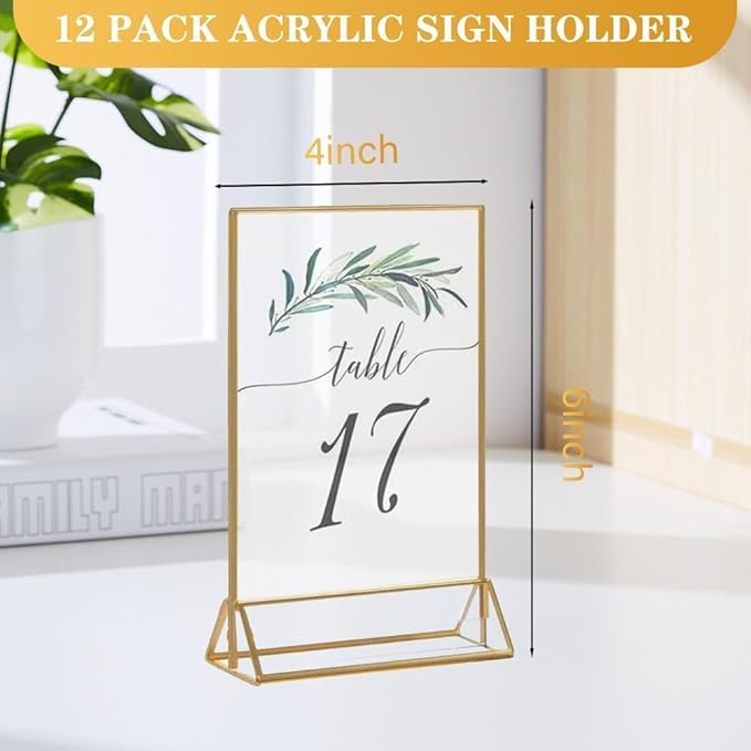 20PCS Acrylic Sign Holder, 5x7 Double Sided Gold Picture Frame Clear Wedding Table Numbers for Party, Restaurant Sign, Menu, Photo