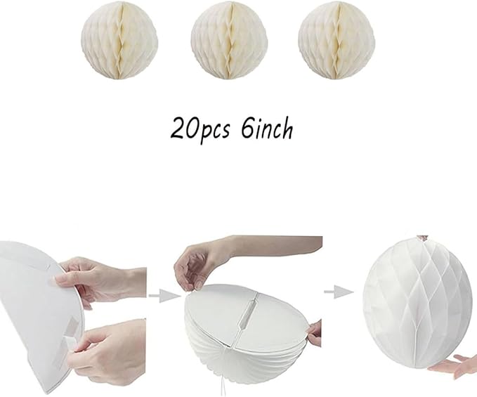 20pcs Honeycomb Flower Balls - Party Decor, Tissue Paper Pom Poms (6inch, Beige)