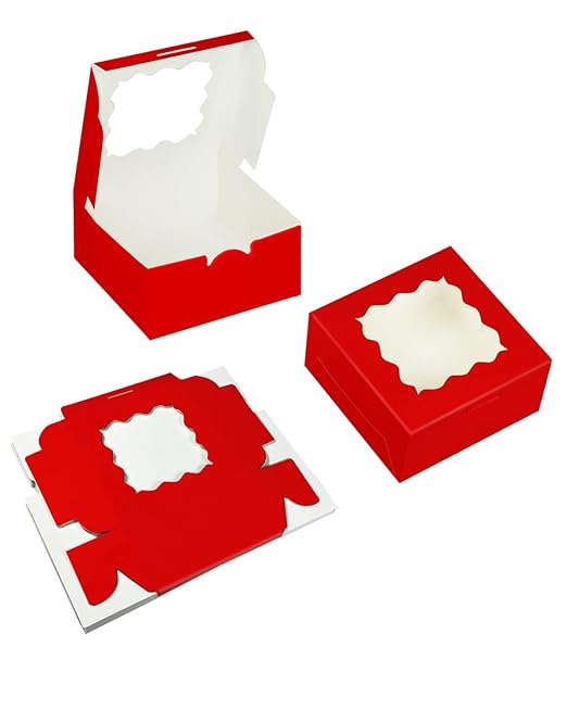 Bakepacker 100pcs Red Cookie Boxes 6x6x3 inches Easy Assemble Macaroon Pastry Boxes Bakery Boxes with Window for Bakery