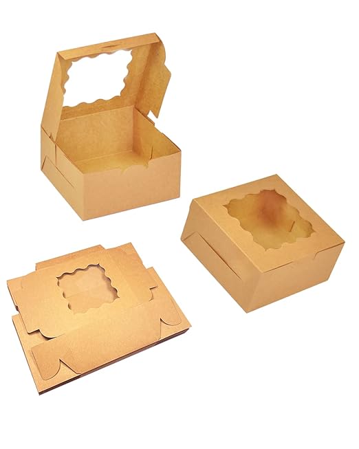 Bakepacker 100pcs Kraft Cookie Boxes 6x6x3 inches Easy Assemble Macaroon Pastry Boxes Bakery Boxes with Window for Bakery