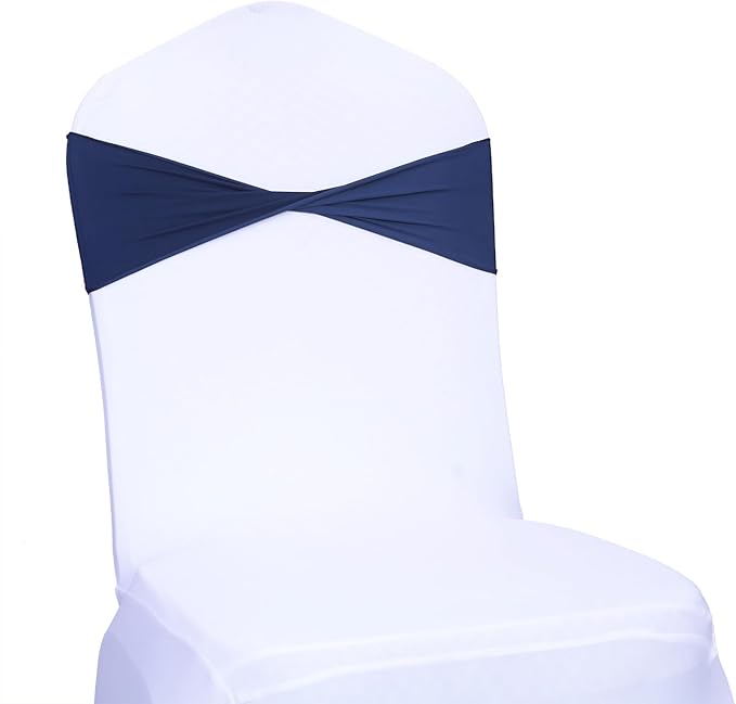 MDS Pack of 125 Spandex Chair Sashes Bows Elastic Stretch Dining Chair Bands Ties Without Slider Buckle Universal fits for Wedding Baby Shower Birthday Party Banquet Event Decoration - Navy Blue