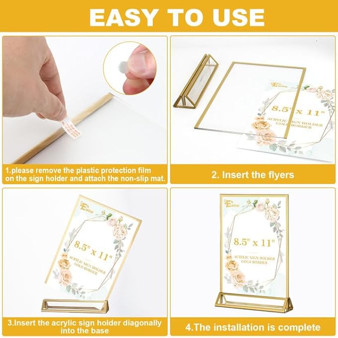 EHWINE 4 Pack Acrylic Sign Holder 8.5 x 11, Double Sided Gold Picture Frame Stand up Table Top Sign Holders, Clear Display Stand Menu Flyer Holder for Wedding Party (Provide Non-slip Mats)