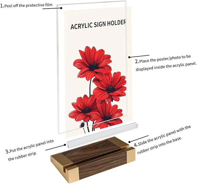 Acrylic Mini Sign Holder 4x6 Inch with Wood-Color Base, Acrylic Tabletop Display Sign Frame Vertical Clear for Store/Coffee Shop/Restaurant Menu Hotel/Office Display Holder, 2 Pack L Shape