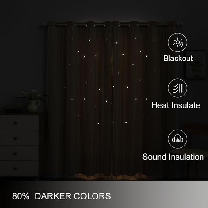 FANLI 2 Panels Star Blackout Curtains for Kid Girls Bedroom Living Room Darking Stripe Double Layer Star Cut Out Wall Home Decor Gradient Grommet Window Curtains (Beige 72L)
