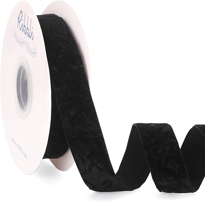 Ribbli Black Velvet Ribbon 1 Inches Luxury Crinkled Black Christmas Ribbon for Gift Wrapping Crafts Home Decor-Continuous 10 Yard