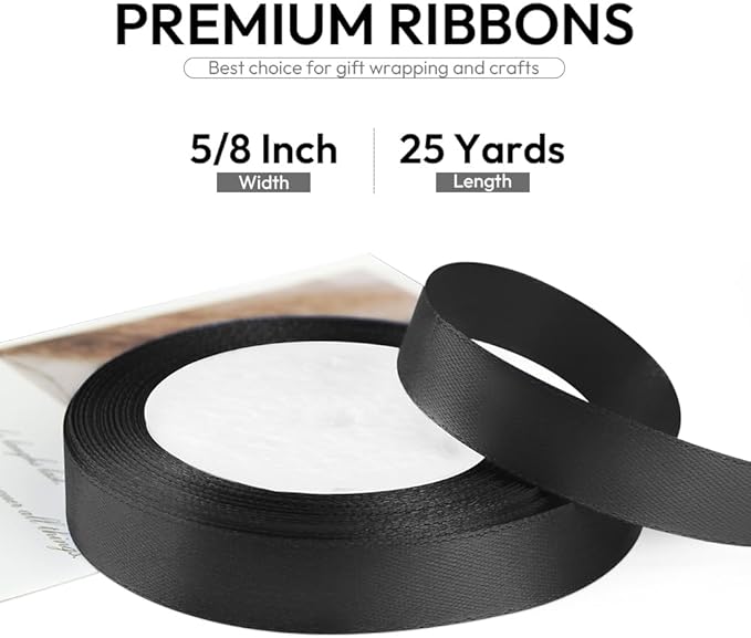 5/8 Inch 25 Yards Satin Ribbon Black, Solid Color Fabric Ribbon for Gift Wrapping, Wedding, Polyester Gift Ribbon for Birthday Party Decoration, Craft, Hair, Floral, Sewing