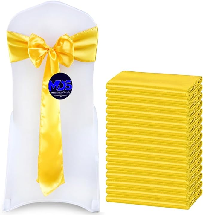 MDS Pack of 125 PCS Satin Chair Sashes Charmeuse Sateen Dining Chair Bows Ribbon Ties Back Sash for Wedding Party Birthday Home Hotel Restaurant Banquet Decoration (7 x 108 Inch, Yellow Gold)