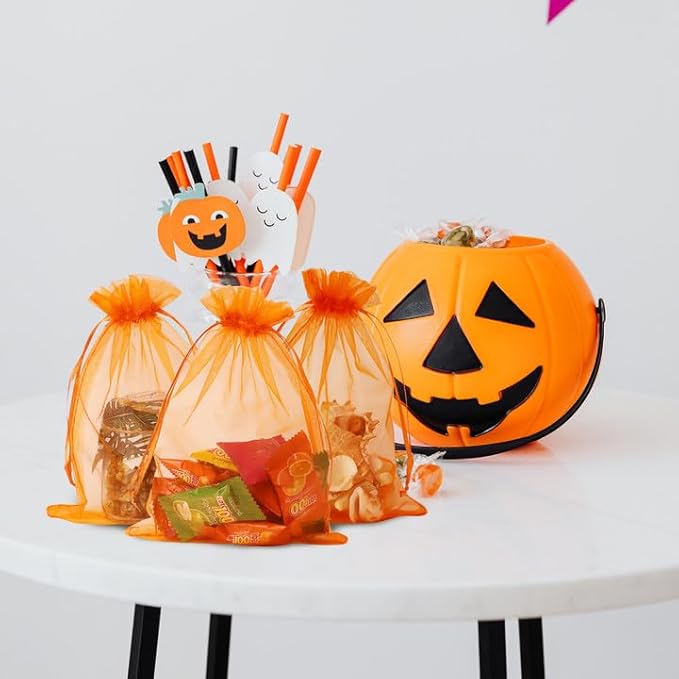 Wudygirl 100PCS 5X7 Inch Organza Bags - Jewelry, Drawstring, Sheer Organza Bags for Halloween, Christmas, Parties, Weddings, Baby Showers (Orange 5X7)