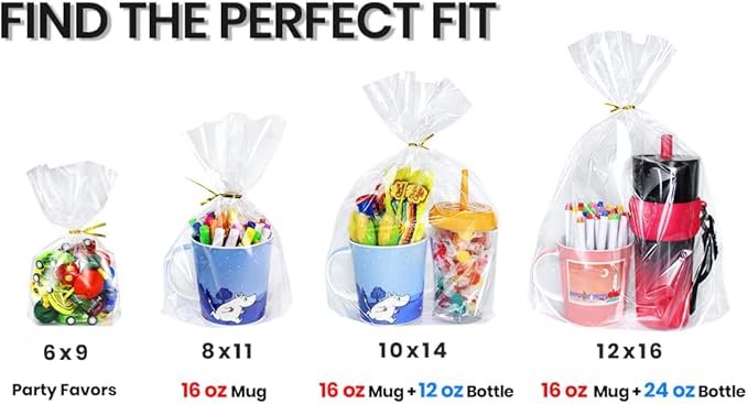 PigPotParty Cellophane Treat Bags 7"x10", 50 Pack Clear Goodie Bags, 3.2" Bottom Gusset for Stand-Up Display, Small Plastic Gift Wrap for Cookies, Candy, Party Favors, Popcorn, Includes 50 Gold Ties
