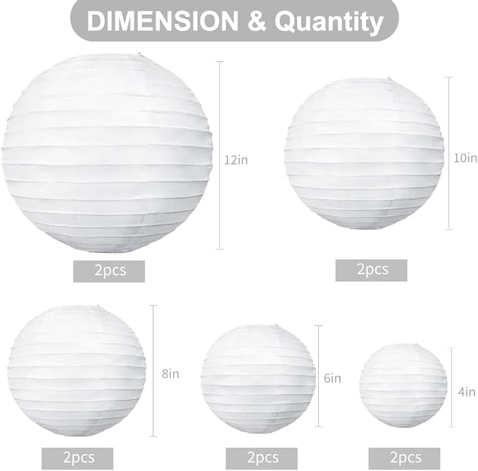 BEISHIDA 10Pcs White Paper Lanterns Decorative Chinese/Japanese Hanging Round Paper Lanterns Lamp for Birthday, Wedding, Christmas, Bridal, Home Decor, Party Decoration(Size of 4”, 6”, 8”, 10”)