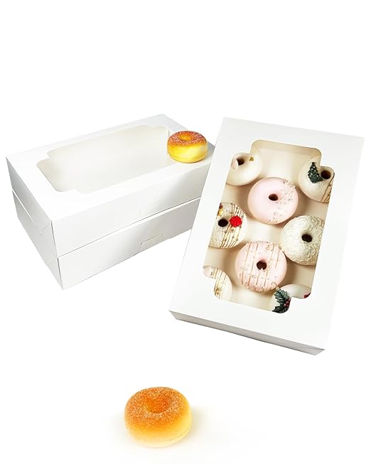 qiqee Auto-pop up White Cookie Box with Window 12x8x2.5 inch 32 Packs Two Uses One Second Folding Pastry Biscuit Bakery Box for Packaging