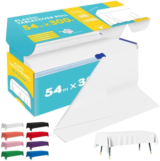 White Plastic Table Cover Roll - 54IN x 300FT, Table Cloth for Rectangle Table with Slide Cutter, Plastic Table Cloth Disposable with Cut-to-Size Design for Weddings, Banquets, Parties