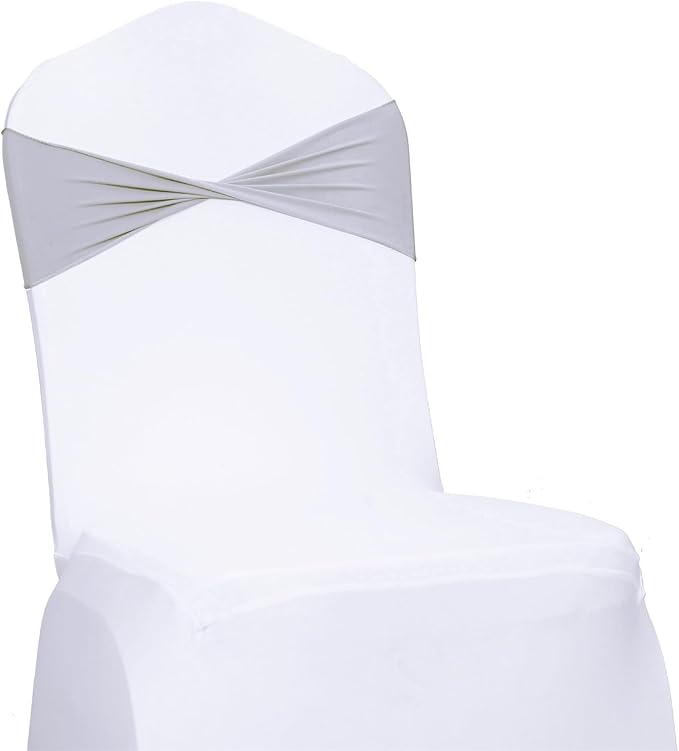 MDS Pack of 50 Spandex Chair Sashes Bows Elastic Stretch Dining Chair Bands Ties Without Slider Buckle Universal fits for Wedding Baby Shower Birthday Party Banquet Event Decoration - Light Silver