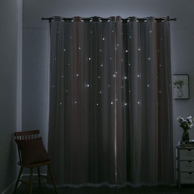 FANLI Ombre Rainbow Blackout Curtains for Kid Girls Bedroom Living Room Darking Stripe Double Layer Star Cut Out Wall Home Decor Gradient Grommet Window Curtains (Pink/Grey, 52W x 84L)