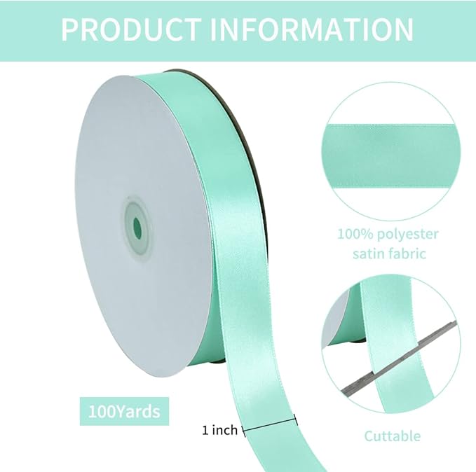 TONIFUL 1 Inch x 100yds Teal Turquoise Blue Satin Ribbon, Thin Solid Color Satin Ribbon for Gift Wrapping, Crafts, Hair Bows Making, Wedding Party Decoration, Invitation Cards, Floral Bouquets