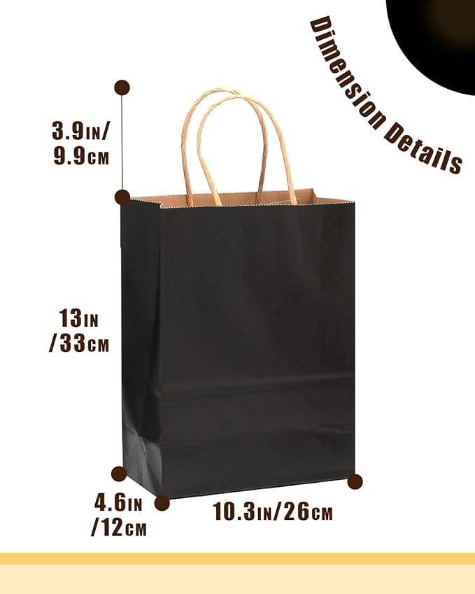 qiqee 50-Packs Black Paper Gift Bags with Handles Bulk 13"x10.3"x4.6" Large Size Party Favor Bags Multiple Uses