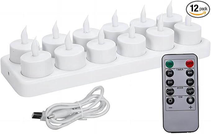 Rechargeable LED Tea Lights, Flickering Flameless Candles with Remote Timer, 12 PCS Electric Battery Operated Candles with Charging Base for Christmas Halloween Weddings Decorative