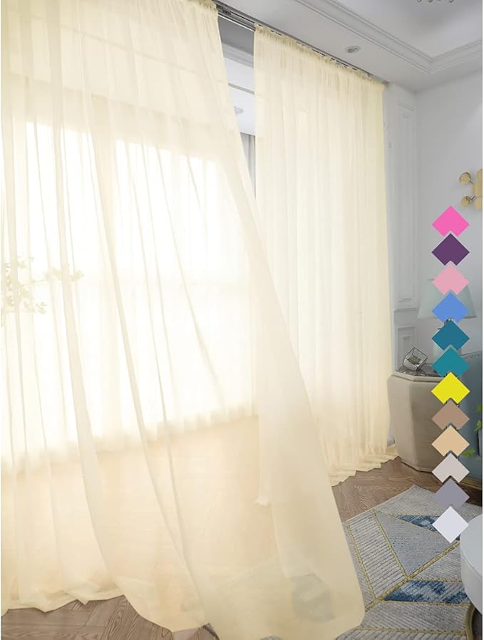 Window Light Yellow Sheer Curtains 60 Inches Width 90 Inches Long 2 Panels Sheer Curtains Clear Curtains Basic Rod Pocket Panel for Home Living Room Bedroom Kids Room Yard Patio Parlor Sliding