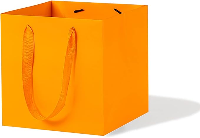 Orange Paper Gift Bag 4 in Paper Box Small Square Bottom Kraft Paper Bags with Handles for Wedding Baby Shower Birthday Party (Orange, 4 x 4 x 4 in, 10 CT)