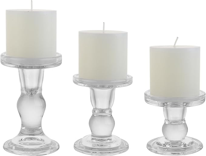 3-Piece Set of Glass Candlestick, Crystal Candlestick Holder Holder and Conical Candle, Christmas Candle Holder Decoration, Family Living Room Wedding Candle Holder (Clear)