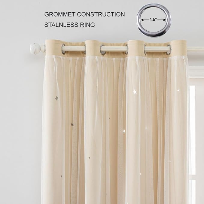 FANLI 2 Panels Star Blackout Curtains for Kid Girls Bedroom Living Room Darking Stripe Double Layer Star Cut Out Wall Home Decor Gradient Grommet Window Curtains (Beige 72L)