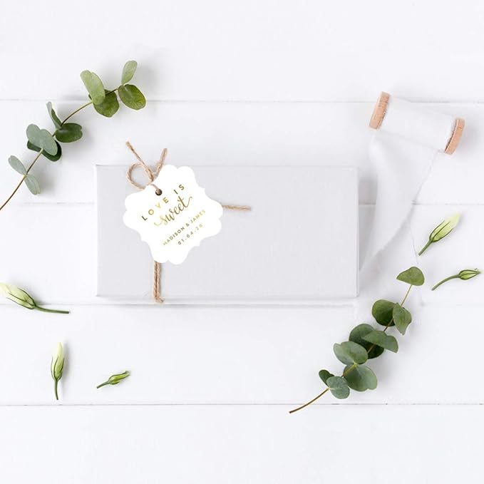 Andaz Press Personalized Fancy Frame Square Wedding Gift Tags, Metallic Gold Ink, Love is Sweet, 24-Pack, Custom Made Any Name