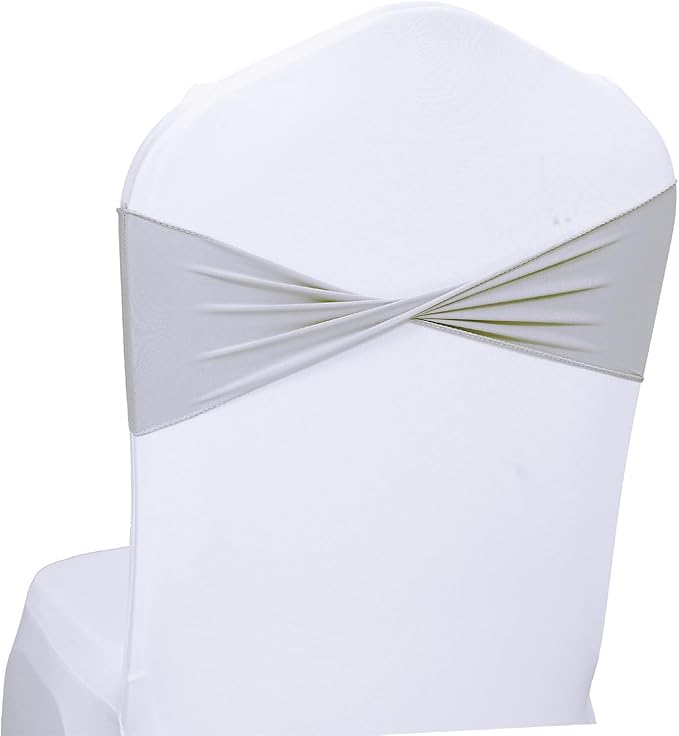 MDS Pack of 50 Spandex Chair Sashes Bows Elastic Stretch Dining Chair Bands Ties Without Slider Buckle Universal fits for Wedding Baby Shower Birthday Party Banquet Event Decoration - Light Silver