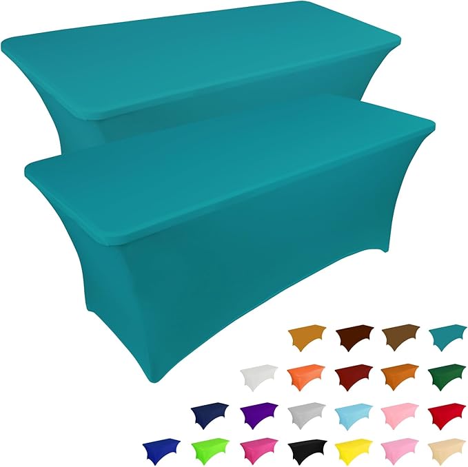 IVAPUPU 2 Pack 6FT Table Cloth for Rectangular Fitted Events Stretch Lake Blue Table Covers Washable Cover Spandex Tablecloth Protector for Party, Wedding, Cocktail, Banquet, Festival