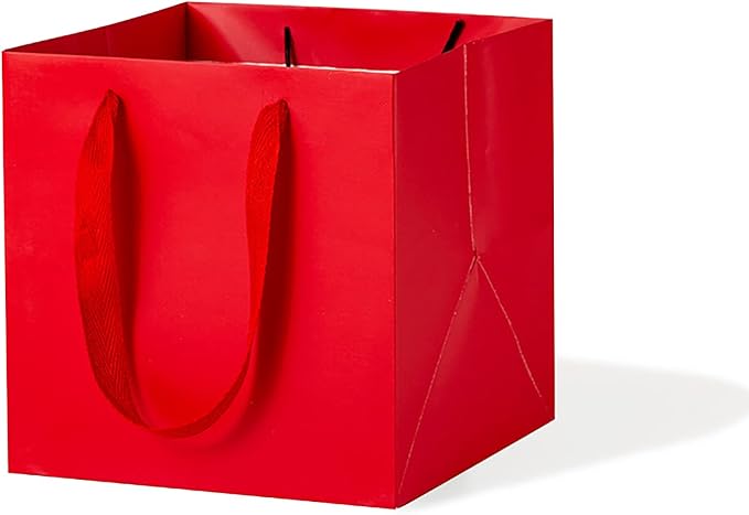 Red Paper Gift Bag 4 in Paper Box Small Square Bottom Kraft Paper Bags with Handles for Wedding Baby Shower Birthday Party (Red, 4 x 4 x 4 in, 10 CT)