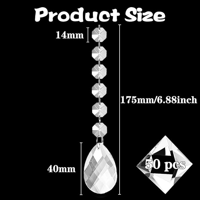 50 Pack Hanging Crystals - Clear Acrylic Prisms Pendant Ornaments for Christmas Tree, Centerpieces, Chandelier, Window & Home Decor, Ideal for Weddings, Parties Decorations (Teardrop)