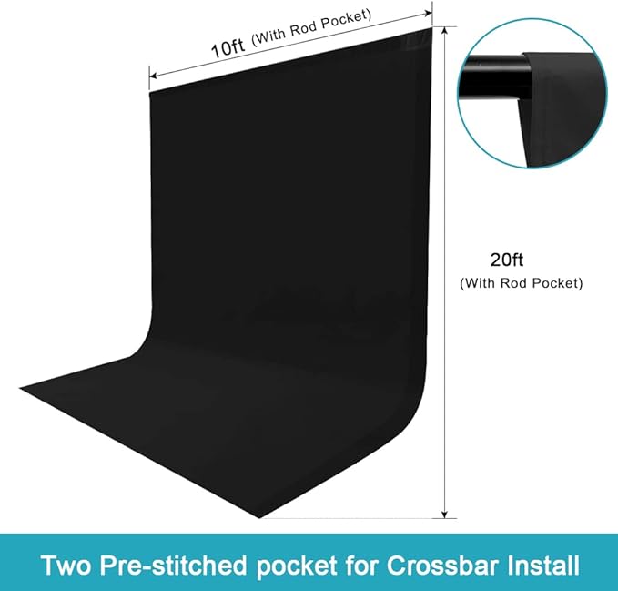10X20ft Black Photo Backdrops for Photography, LCUIRC Two Rod Pocket Backdrops Curtain for Parties, Polyester Fabric Background with 4 Clamps for Product Protrait Photoshoot or Parties Decoration